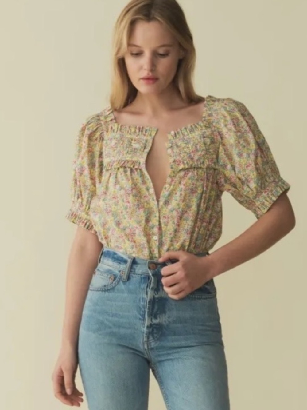 DÔEN Farley Blouse in Chrysanthemum Sky Floral Liberty Fabric - Size Small